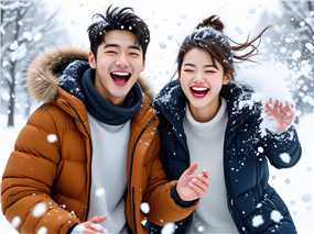 冬季雪花纷飞情侣开怀大笑图片